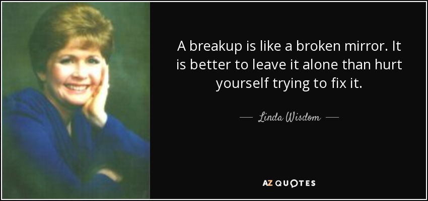 A breakup is like a broken mirror . It is better to leave it alone than hurt yourself trying to fix it . - Linda Wisdom