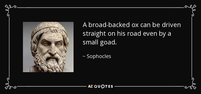 A broad-backed ox can be driven straight on his road even by a small goad. - Sophocles