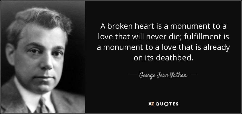 A broken heart is a monument to a love that will never die; fulfillment is a monument to a love that is already on its deathbed. - George Jean Nathan