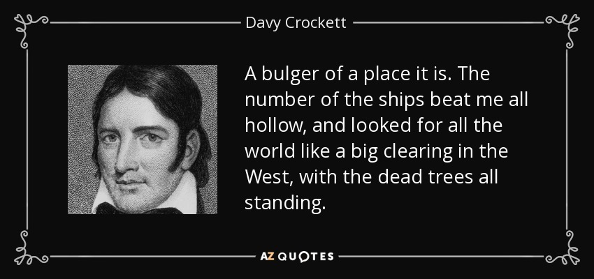 A bulger of a place it is. The number of the ships beat me all hollow, and looked for all the world like a big clearing in the West, with the dead trees all standing. - Davy Crockett