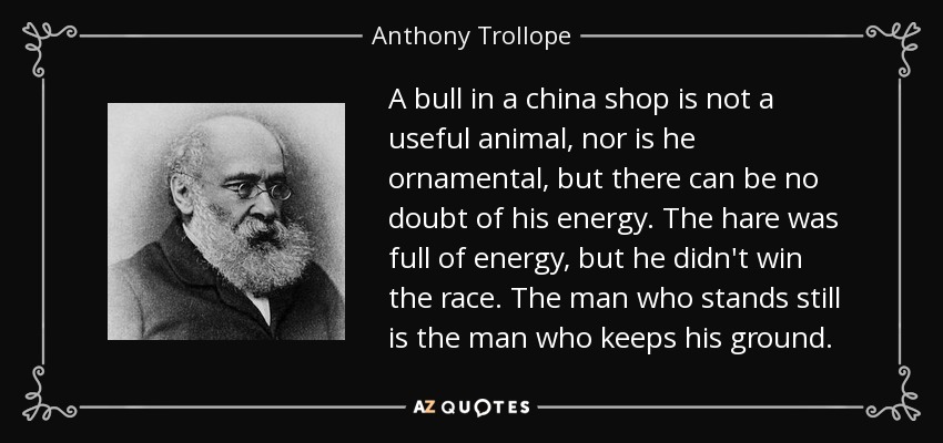 A bull in a china shop is not a useful animal, nor is he ornamental, but there can be no doubt of his energy. The hare was full of energy, but he didn't win the race. The man who stands still is the man who keeps his ground. - Anthony Trollope