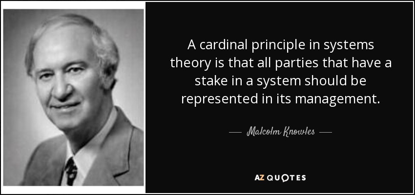 A cardinal principle in systems theory is that all parties that have a stake in a system should be represented in its management. - Malcolm Knowles