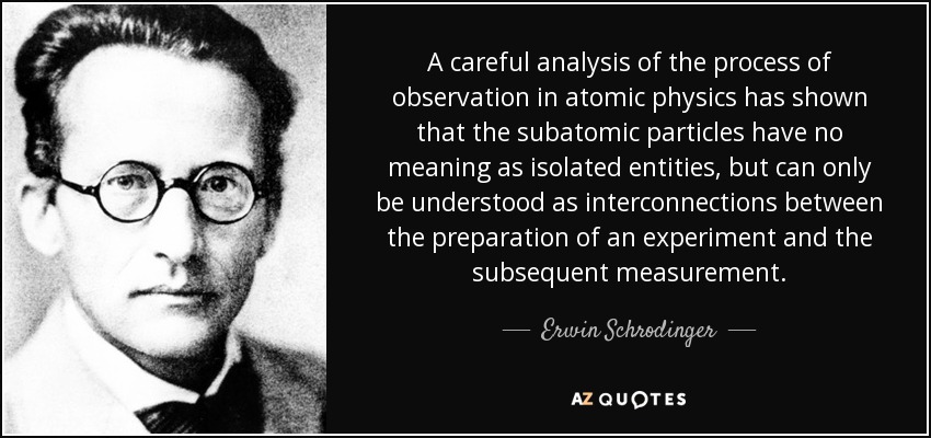 A careful analysis of the process of observation in atomic physics has shown that the subatomic particles have no meaning as isolated entities, but can only be understood as interconnections between the preparation of an experiment and the subsequent measurement. - Erwin Schrodinger