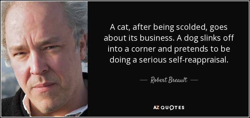 A cat, after being scolded, goes about its business. A dog slinks off into a corner and pretends to be doing a serious self-reappraisal. - Robert Breault