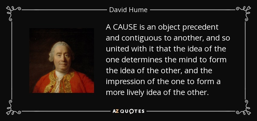 A CAUSE is an object precedent and contiguous to another, and so united with it that the idea of the one determines the mind to form the idea of the other, and the impression of the one to form a more lively idea of the other. - David Hume