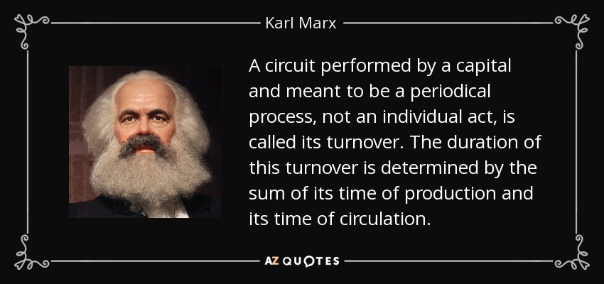 A circuit performed by a capital and meant to be a periodical process, not an individual act, is called its turnover. The duration of this turnover is determined by the sum of its time of production and its time of circulation. - Karl Marx