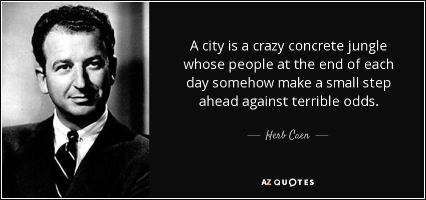 A city is a crazy concrete jungle whose people at the end of each day somehow make a small step ahead against terrible odds. - Herb Caen