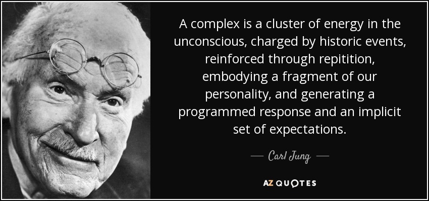 A complex is a cluster of energy in the unconscious, charged by historic events, reinforced through repitition, embodying a fragment of our personality, and generating a programmed response and an implicit set of expectations. - Carl Jung