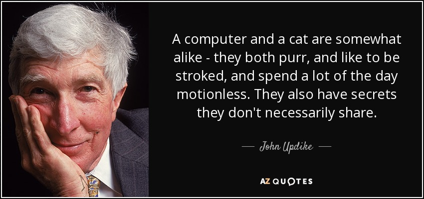 A computer and a cat are somewhat alike - they both purr, and like to be stroked, and spend a lot of the day motionless. They also have secrets they don't necessarily share. - John Updike
