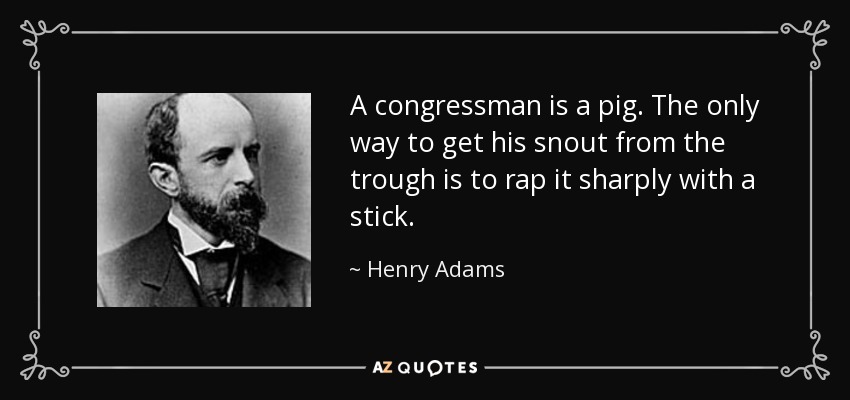 A congressman is a pig. The only way to get his snout from the trough is to rap it sharply with a stick. - Henry Adams
