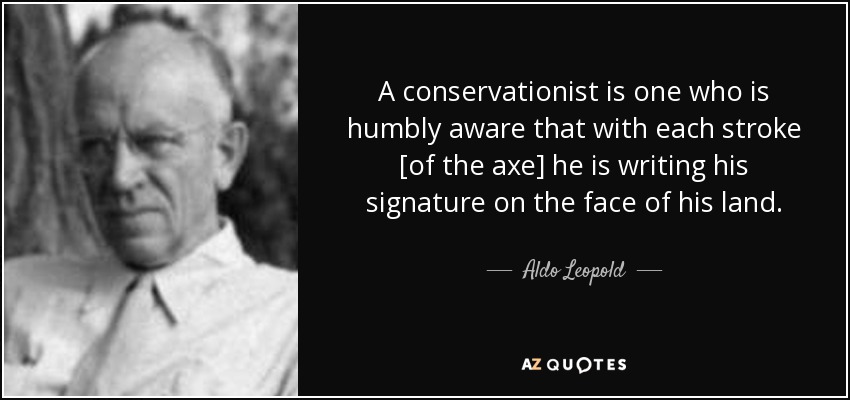 A conservationist is one who is humbly aware that with each stroke [of the axe] he is writing his signature on the face of his land. - Aldo Leopold