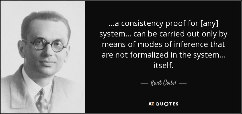 ...a consistency proof for [any] system ... can be carried out only by means of modes of inference that are not formalized in the system ... itself. - Kurt Gödel