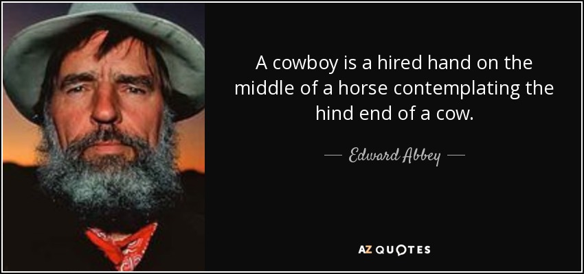 A cowboy is a hired hand on the middle of a horse contemplating the hind end of a cow. - Edward Abbey