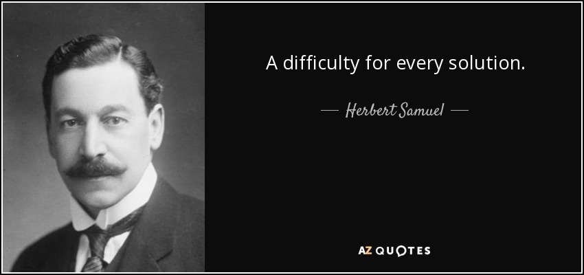 A difficulty for every solution. - Herbert Samuel, 1st Viscount Samuel