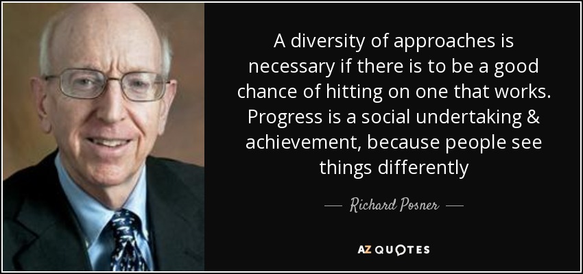 A diversity of approaches is necessary if there is to be a good chance of hitting on one that works. Progress is a social undertaking & achievement, because people see things differently - Richard Posner