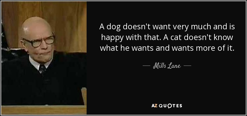 A dog doesn't want very much and is happy with that. A cat doesn't know what he wants and wants more of it. - Mills Lane