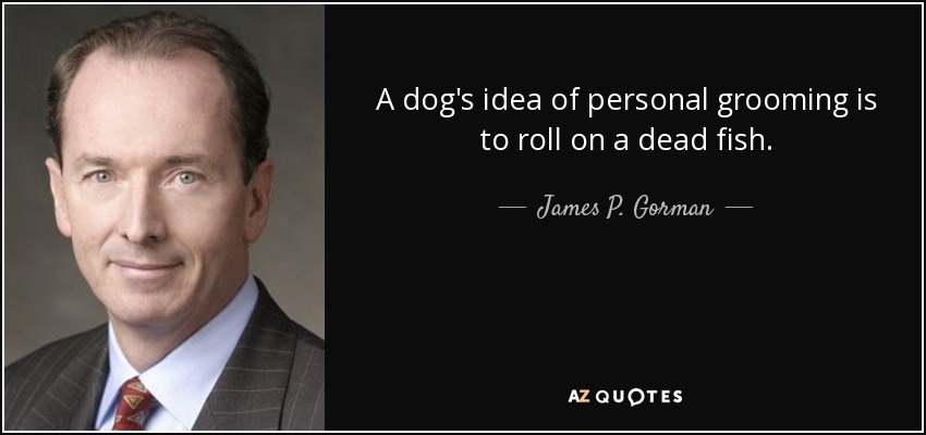 A dog's idea of personal grooming is to roll on a dead fish. - James P. Gorman