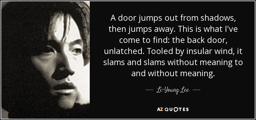 A door jumps out from shadows, then jumps away. This is what I've come to find: the back door, unlatched. Tooled by insular wind, it slams and slams without meaning to and without meaning. - Li-Young Lee
