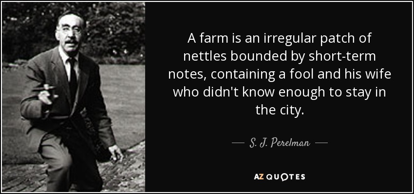 A farm is an irregular patch of nettles bounded by short-term notes, containing a fool and his wife who didn't know enough to stay in the city. - S. J. Perelman
