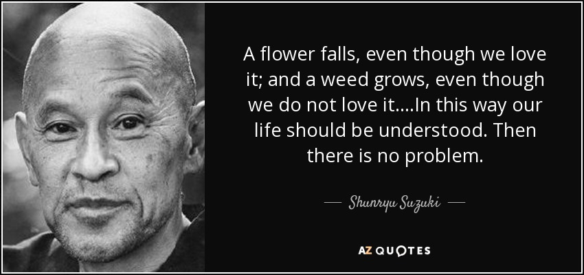 A flower falls, even though we love it; and a weed grows, even though we do not love it....In this way our life should be understood. Then there is no problem. - Shunryu Suzuki
