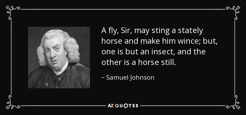 A fly, Sir, may sting a stately horse and make him wince; but, one is but an insect, and the other is a horse still. - Samuel Johnson