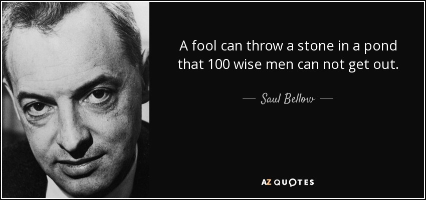 A fool can throw a stone in a pond that 100 wise men can not get out. - Saul Bellow
