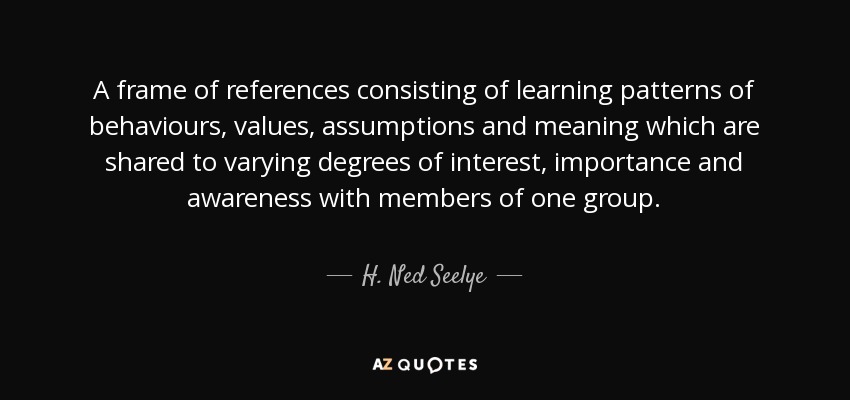 A frame of references consisting of learning patterns of behaviours, values, assumptions and meaning which are shared to varying degrees of interest, importance and awareness with members of one group. - H. Ned Seelye