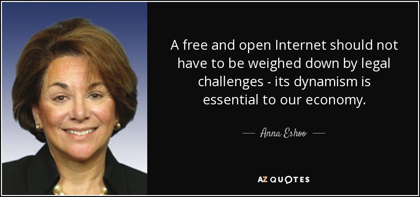 A free and open Internet should not have to be weighed down by legal challenges - its dynamism is essential to our economy. - Anna Eshoo