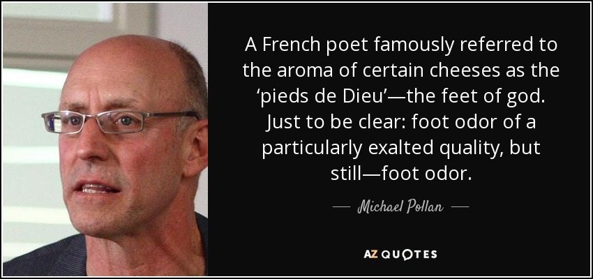 A French poet famously referred to the aroma of certain cheeses as the ‘pieds de Dieu’—the feet of god. Just to be clear: foot odor of a particularly exalted quality, but still—foot odor. - Michael Pollan