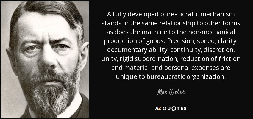 A fully developed bureaucratic mechanism stands in the same relationship to other forms as does the machine to the non-mechanical production of goods. Precision, speed, clarity, documentary ability, continuity, discretion, unity, rigid subordination, reduction of friction and material and personal expenses are unique to bureaucratic organization. - Max Weber