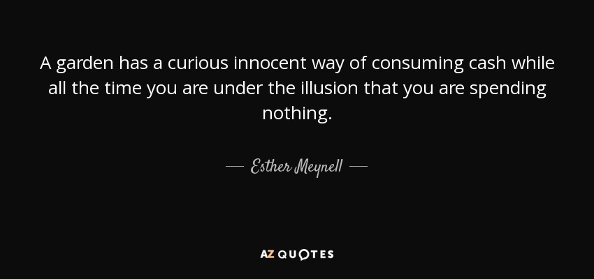 A garden has a curious innocent way of consuming cash while all the time you are under the illusion that you are spending nothing. - Esther Meynell
