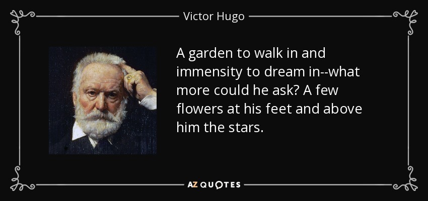 A garden to walk in and immensity to dream in--what more could he ask? A few flowers at his feet and above him the stars. - Victor Hugo