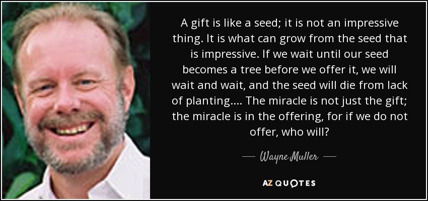 A gift is like a seed; it is not an impressive thing. It is what can grow from the seed that is impressive. If we wait until our seed becomes a tree before we offer it, we will wait and wait, and the seed will die from lack of planting.... The miracle is not just the gift; the miracle is in the offering, for if we do not offer, who will? - Wayne Muller