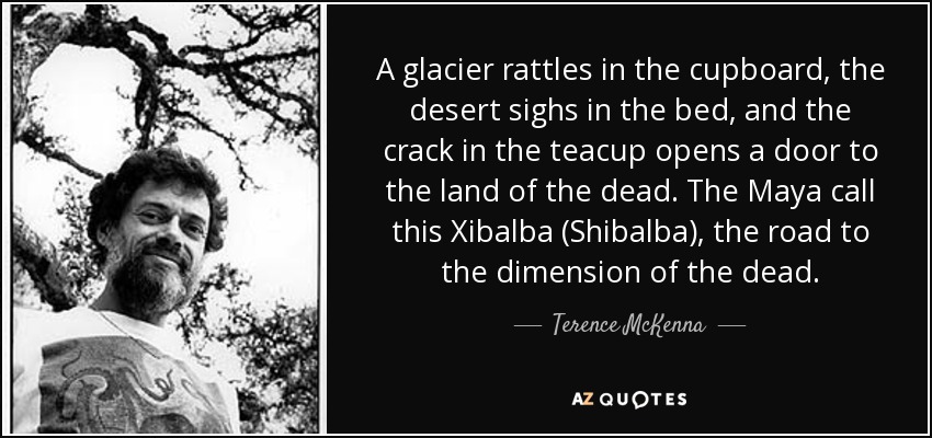 A glacier rattles in the cupboard, the desert sighs in the bed, and the crack in the teacup opens a door to the land of the dead. The Maya call this Xibalba (Shibalba), the road to the dimension of the dead. - Terence McKenna