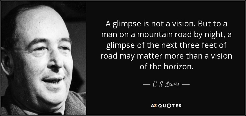 A glimpse is not a vision. But to a man on a mountain road by night, a glimpse of the next three feet of road may matter more than a vision of the horizon. - C. S. Lewis