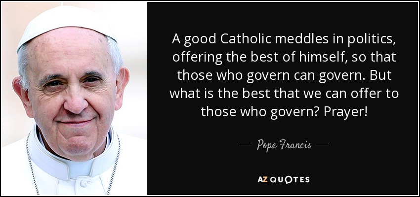 A good Catholic meddles in politics, offering the best of himself, so that those who govern can govern. But what is the best that we can offer to those who govern? Prayer! - Pope Francis