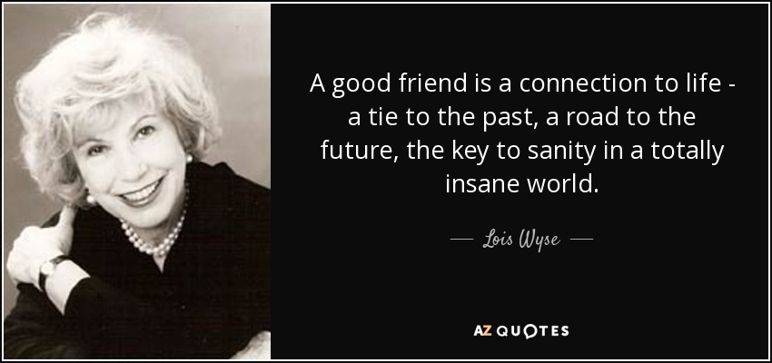 A good friend is a connection to life - a tie to the past, a road to the future, the key to sanity in a totally insane world. - Lois Wyse