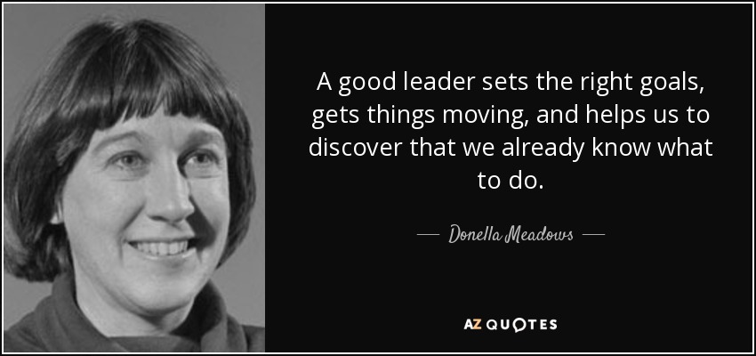 A good leader sets the right goals, gets things moving, and helps us to discover that we already know what to do. - Donella Meadows