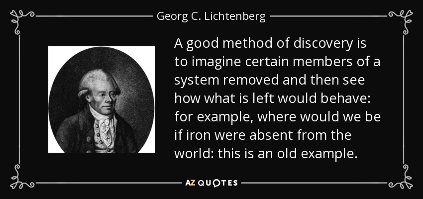 A good method of discovery is to imagine certain members of a system removed and then see how what is left would behave: for example, where would we be if iron were absent from the world: this is an old example. - Georg C. Lichtenberg