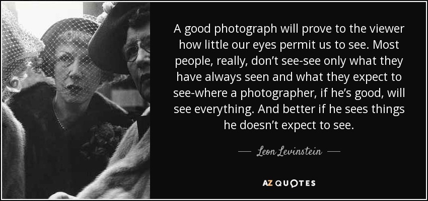 A good photograph will prove to the viewer how little our eyes permit us to see. Most people, really, don’t see-see only what they have always seen and what they expect to see-where a photographer, if he’s good, will see everything. And better if he sees things he doesn’t expect to see. - Leon Levinstein