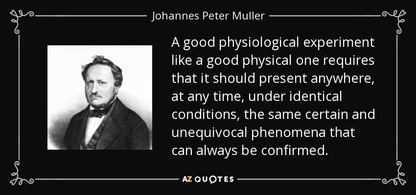 A good physiological experiment like a good physical one requires that it should present anywhere, at any time, under identical conditions, the same certain and unequivocal phenomena that can always be confirmed. - Johannes Peter Muller