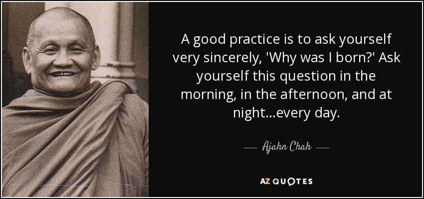 A good practice is to ask yourself very sincerely, 'Why was I born?' Ask yourself this question in the morning, in the afternoon, and at night…every day. - Ajahn Chah