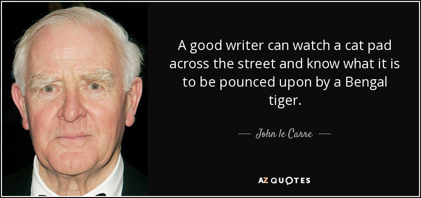 A good writer can watch a cat pad across the street and know what it is to be pounced upon by a Bengal tiger. - John le Carre