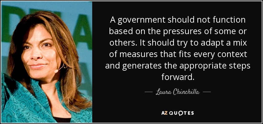A government should not function based on the pressures of some or others. It should try to adapt a mix of measures that fits every context and generates the appropriate steps forward. - Laura Chinchilla