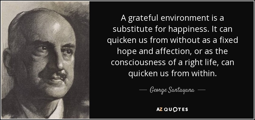 A grateful environment is a substitute for happiness. It can quicken us from without as a fixed hope and affection, or as the consciousness of a right life, can quicken us from within. - George Santayana