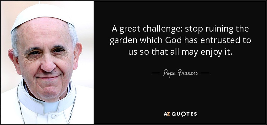 A great challenge: stop ruining the garden which God has entrusted to us so that all may enjoy it. - Pope Francis