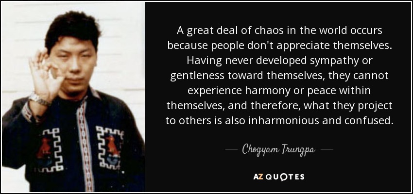 A great deal of chaos in the world occurs because people don't appreciate themselves. Having never developed sympathy or gentleness toward themselves, they cannot experience harmony or peace within themselves, and therefore, what they project to others is also inharmonious and confused. - Chogyam Trungpa