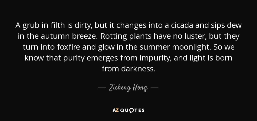 A grub in filth is dirty, but it changes into a cicada and sips dew in the autumn breeze. Rotting plants have no luster, but they turn into foxfire and glow in the summer moonlight. So we know that purity emerges from impurity, and light is born from darkness. - Zicheng Hong