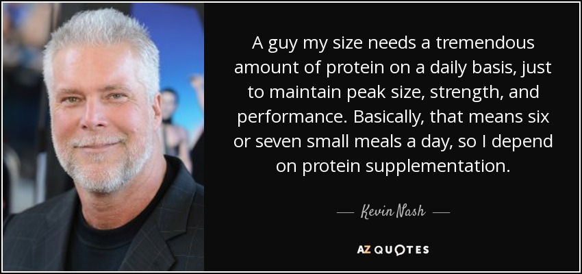 A guy my size needs a tremendous amount of protein on a daily basis, just to maintain peak size, strength, and performance. Basically, that means six or seven small meals a day, so I depend on protein supplementation. - Kevin Nash