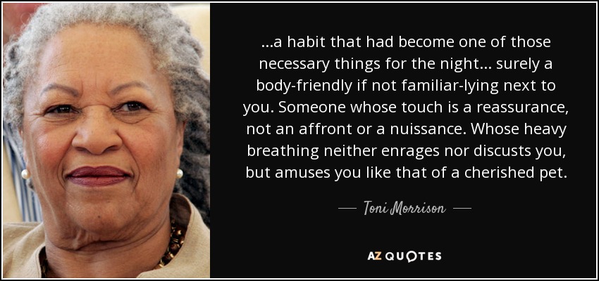 ...a habit that had become one of those necessary things for the night... surely a body-friendly if not familiar-lying next to you. Someone whose touch is a reassurance, not an affront or a nuissance. Whose heavy breathing neither enrages nor discusts you, but amuses you like that of a cherished pet. - Toni Morrison